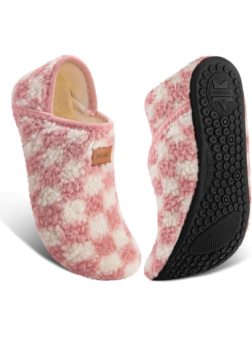 Women's Pink Checkered Barefoot Socks Furry Cozy Fleece Slip On Indoor Slippers